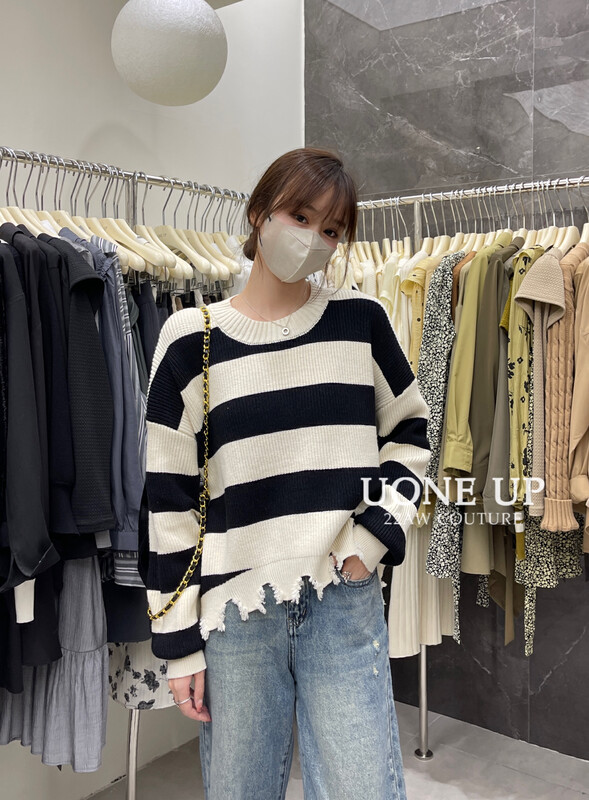 【UONE】Hand Frayed Striped Casual Knit Sweater 9178# LSL