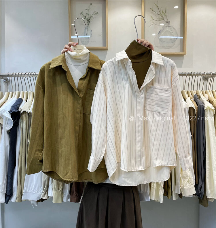 New autumn models!【MAX ORIGINAL】Striped contrast color fake two-piece shirt 98889# HBX