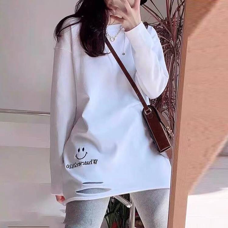 [Ziyijia] Simple letter medium and long plus velvet long-sleeved T-shirt A1016# WTT