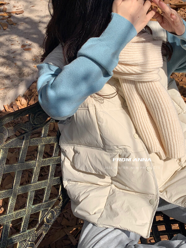 【FROM ANNA】Solid Color Checkered Versatile Breasted Down Vest 228974# LSW