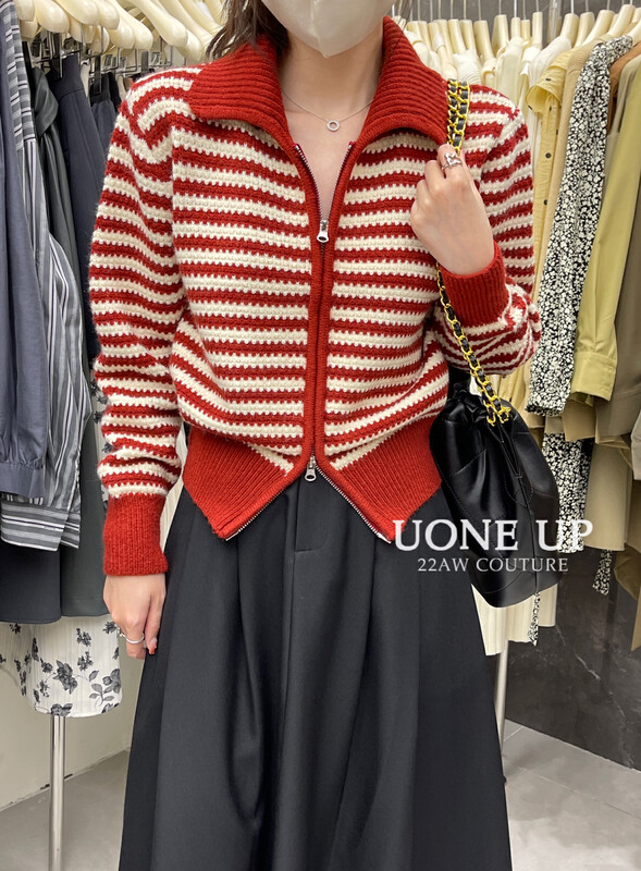 【UONE】Retro Thick Striped Zipper Knit Cardigan 88266# LSL
