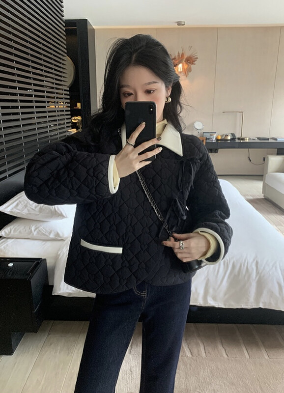 【SAVAGE】French Hepburn style contrast color neckline love diamond warm padded jacket S1396# WPL