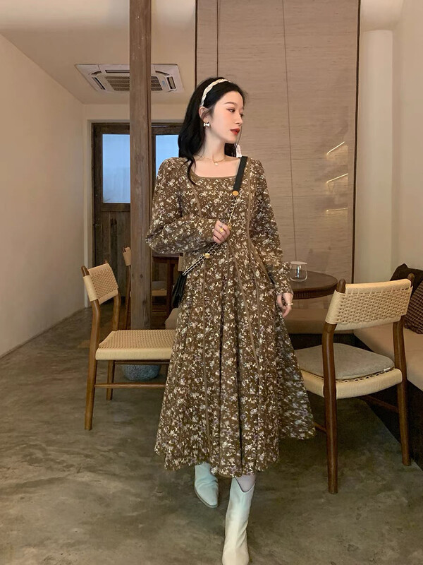 【SAVAGE】French retro square neck puff sleeve dress S1390# WPL
