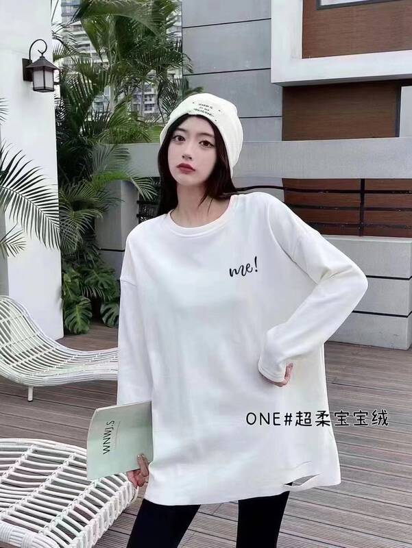 [Ziyijia] Letter Embroidery Mid-Length Plus Velvet Long-Sleeve T-Shirt A1015# WTT