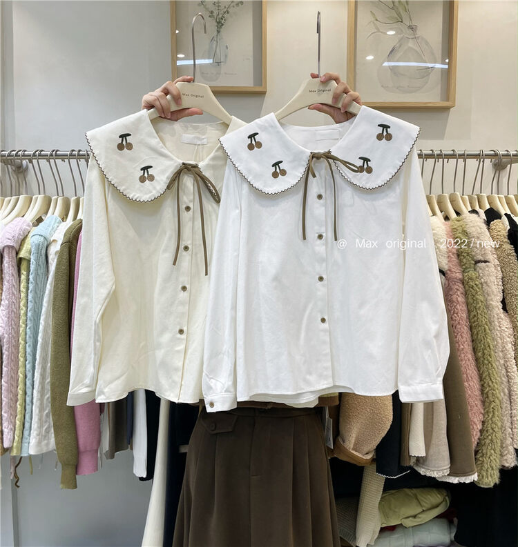 【MAX ORIGINAL】Doll Collar Contrast Color Embroidered Shirt 99029# HBX