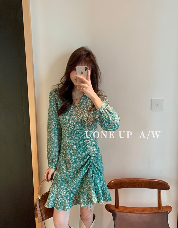 [UONE] Drawstring design niche floral pleated dress 97803# LSL