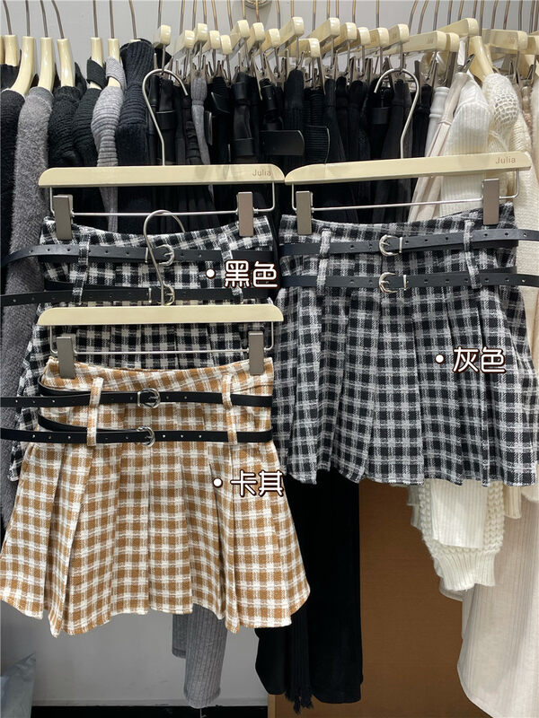 【JULIA】College style high waist pleated plaid skirt (with belt) 9973# PCZ