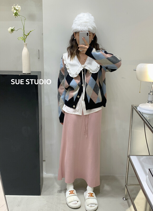 【SUE STUDIO】Drawstring Knit Loose Solid Color Skirt 69912# ZJY