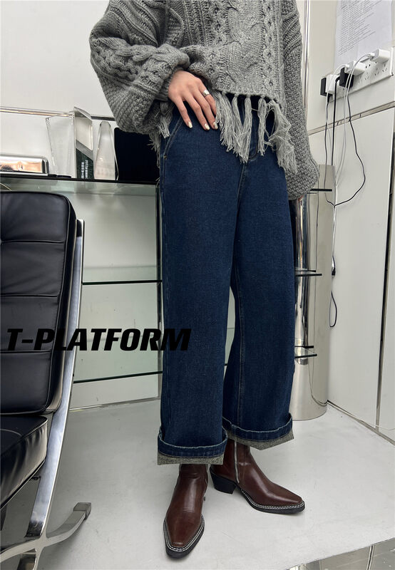 【T-PLATFORM】Korean style loose wide-leg fleece jeans V8973# CQW