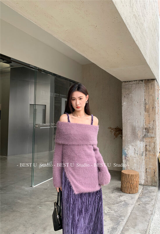 【BEST U】Soft Waxy Korean Style One-Shoulder Warm Sweater 83690# LSW