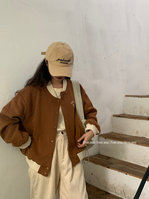 【FROM ANNA】Simple Baseball Uniform Retro American Short Jacket 1220# LSW