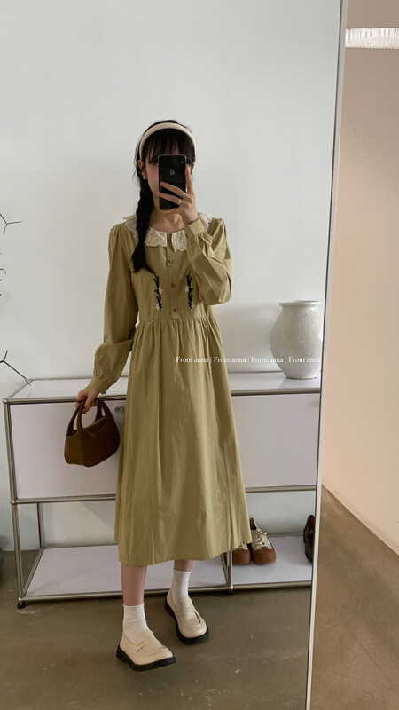 New in early autumn!【FROM ANNA】Korean lace collar embroidered dress T3009# LSW