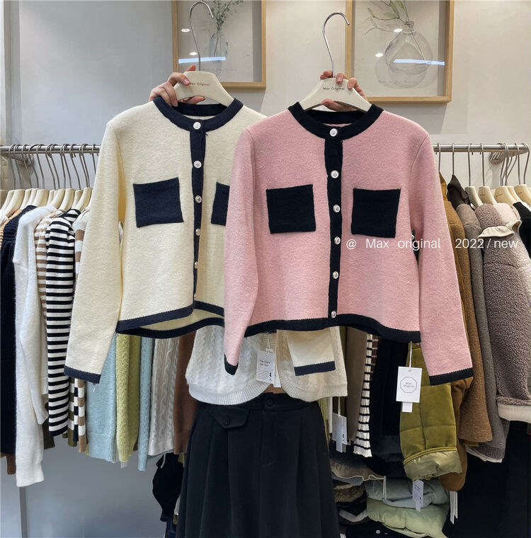 【MAX ORIGINAL】Contrast color western style age-reducing casual knitted cardigan 99051# HBX