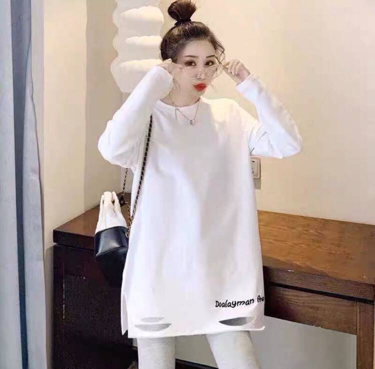 [Ziyijia] Letter Embroidery Mid-Length Plus Velvet Long-Sleeve T-Shirt A1017# WTT