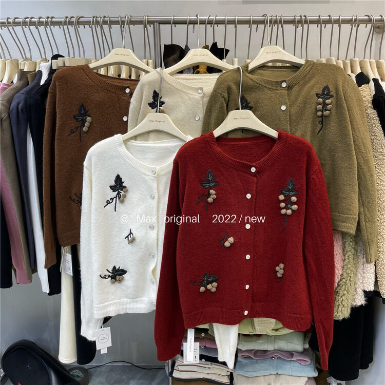 【MAX ORIGINAL】Korean Round Neck Flower Breasted Warm Sweater 98909# HBX