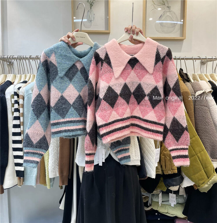 【MAX ORIGINAL】Retro plaid large lapel warm sweater 99058# HBX
