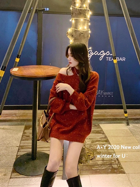 Original price 100.39! New in early winter!【UONE】Korean loose sequined shoulder sweater 080207# LSL