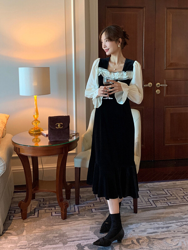 【NEW OPEN】French niche design waist velvet dress JL80622# ZXX