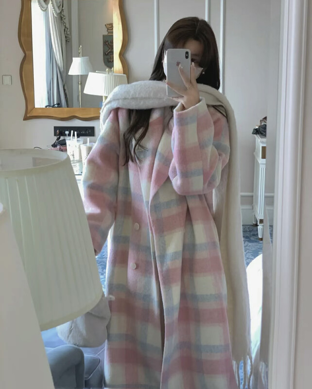 【SAVAGE】Korean girls' double-breasted quilted coat with contrast color check pattern S1359# WPL