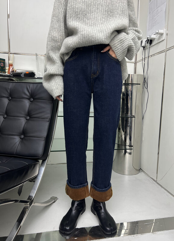 【T-PLATFORM】Korean style colorblock hem fleece jeans W6177# CQW