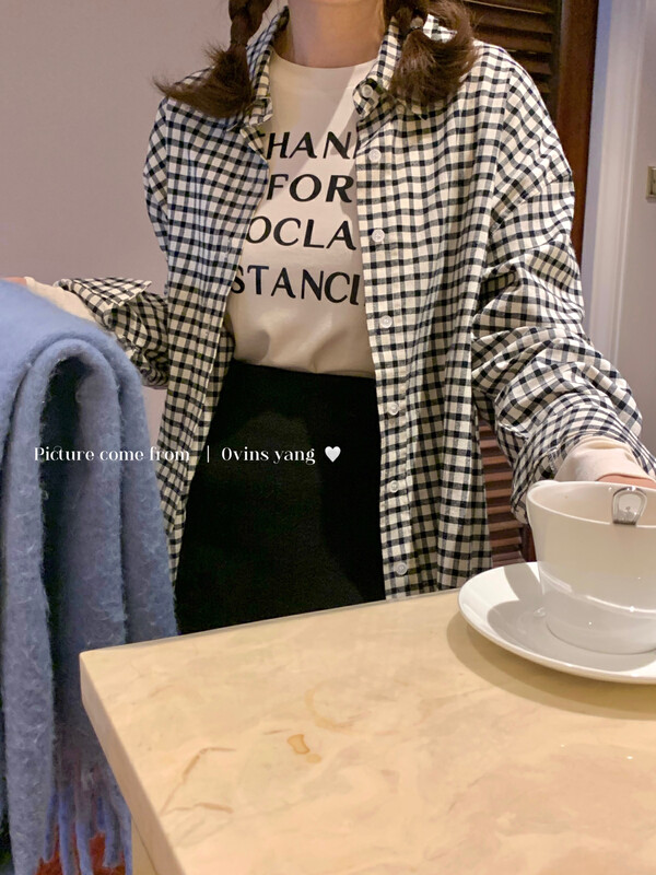 【OVINSYANG】Contrast color plaid loose shirt (excluding outerwear) 9106# FHX