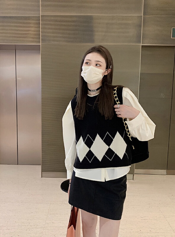 【SAVAGE】Korean college style stitching contrast color rhombus vest S1321# WPL