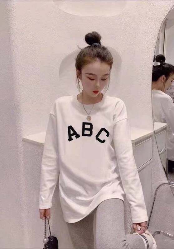 [Ziyi] Letter Print Loose Long Sleeve T-Shirt A802# WTT