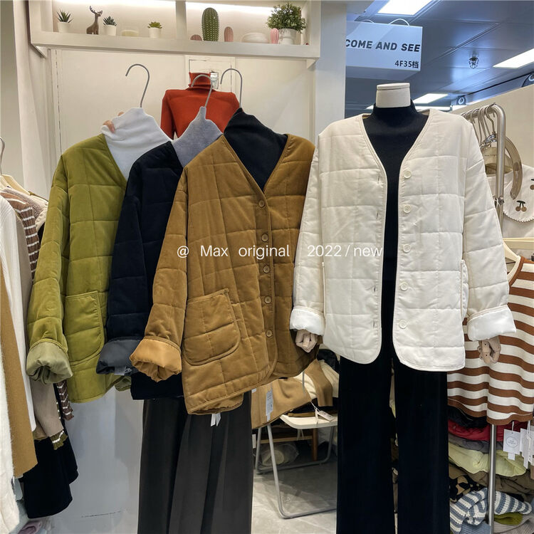 【MAX ORIGINAL】V-neck single-breasted simple loose casual warm padded jacket 99035# HBX