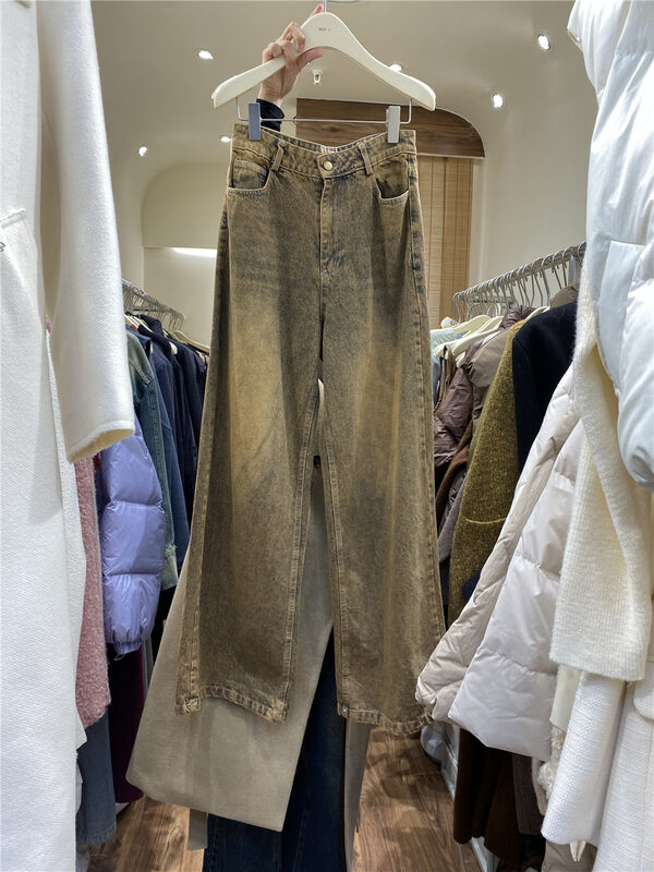 【BEST U】American distressed high-waisted floor-to-ceiling jeans 99185# LSW