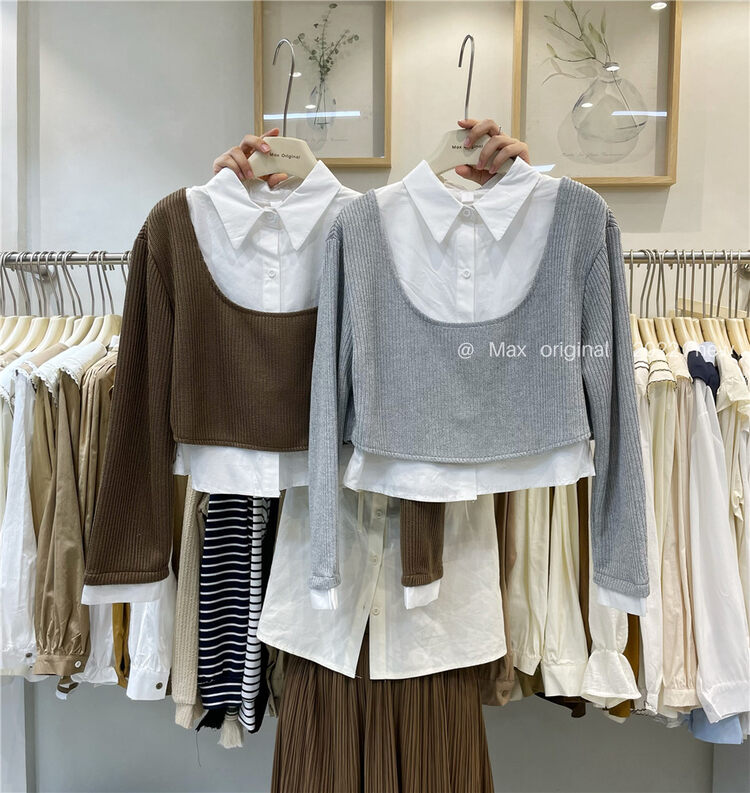 New in autumn!【MAX ORIGINAL】Temperament short fake two-piece shirt 98822# HBX