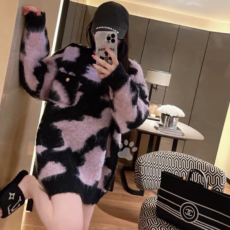 【NANCY】 Pink and Black Cow Contrast Houndstooth Jacquard Knit Sweater M3758# WPL