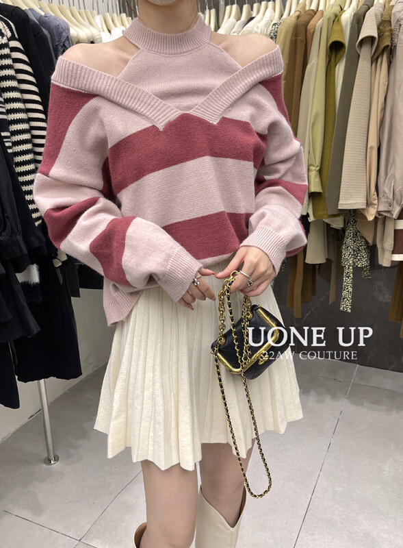 【UONE】Fake Two Pieces Loose Striped Knit Sweater 9199# LSL