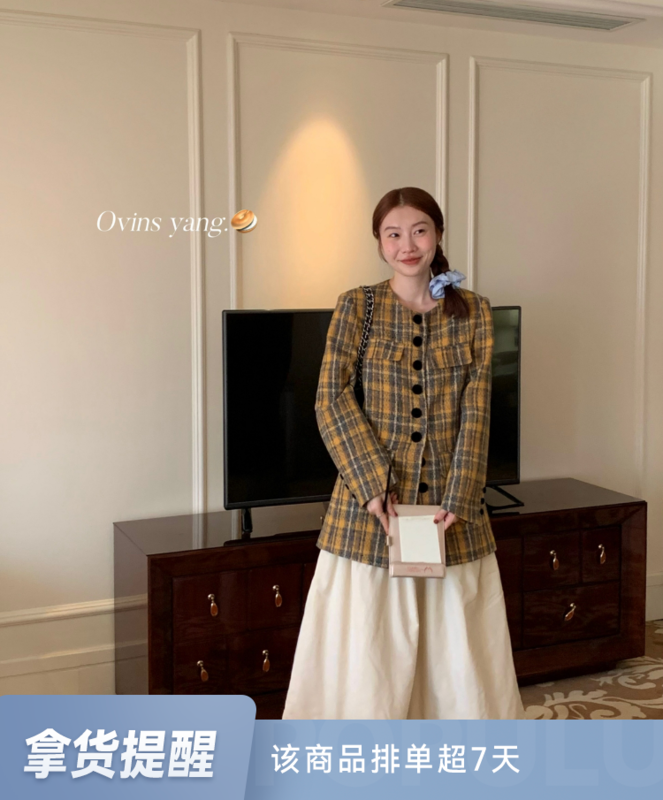 【OVINSYANG】Waist plaid short coat (without matching) 9051# FHX