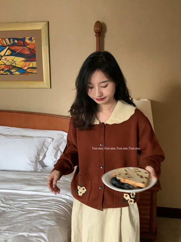 New in winter!【FROM ANNA】Sweet doll collar pocket crochet warm sweater 1244# LSW