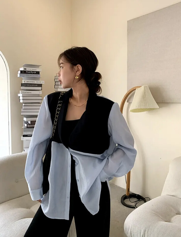 【SAVAGE】Korean niche design stitching suit V-neck backless single-breasted shirt S1365# WPL