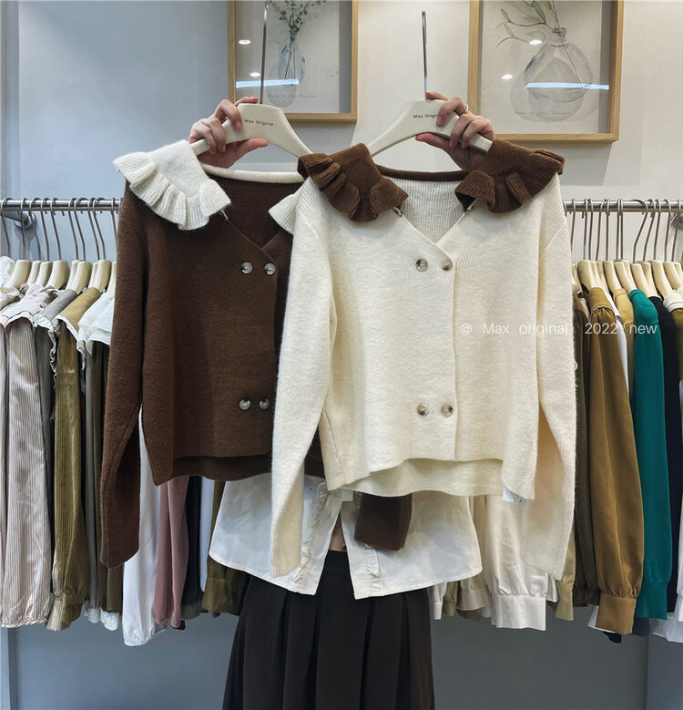 【MAX ORIGINAL】Large lapels contrast color single-breasted thermal sweater 98939# HBX