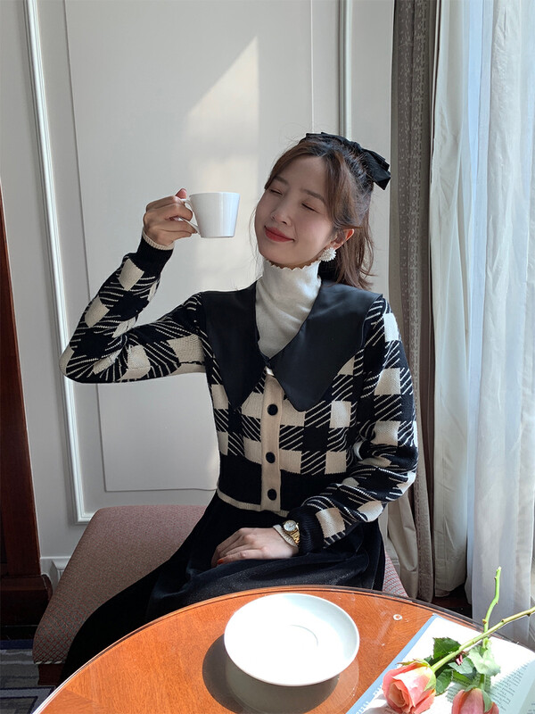 【NEW OPEN】Women's Winter Korean Style Lapel Checkerboard Short Knit Cardigan FM80599# ZXX