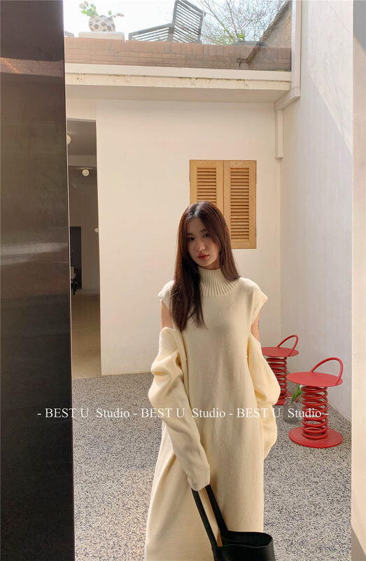 【BEST U】Semi-high neck off-shoulder design long knitted dress 83692# LSW