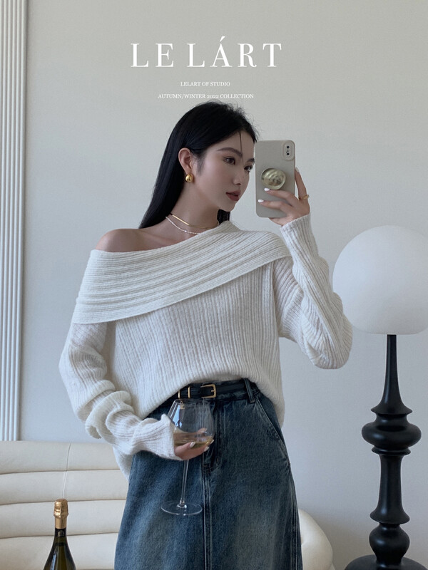 Original price 88.99! 【LE LART】French Pure Desire Style Collar Off Shoulder Mohair Loose Pullover Knit XL229