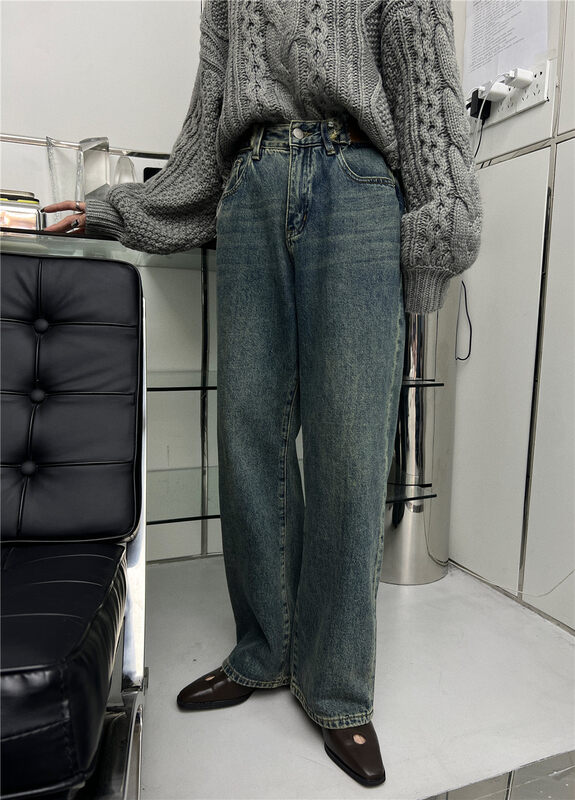 【T-PLATFORM】Korean style all-match wide-leg thin and fleece jeans V8992# CQW