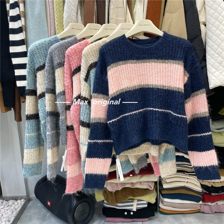 【MAX ORIGINAL】Casual round neck striped warm sweater 99057# HBX