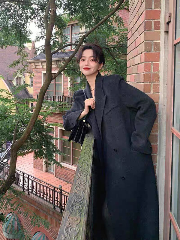 【SAVAGE】French retro all-match solid color loose back slit mid-length woolen coat S1351# WPL