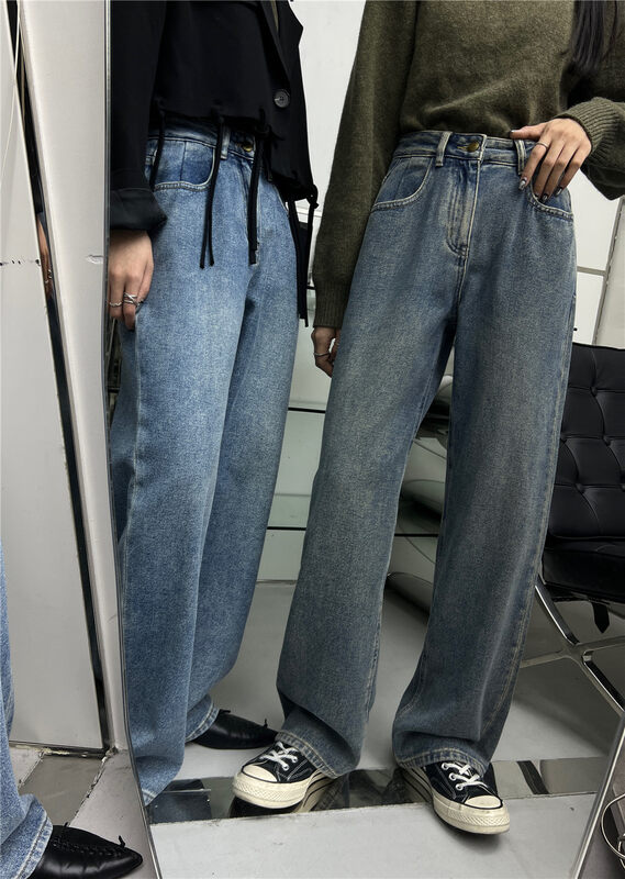 【T-PLATFORM】Korean style loose straight-leg and thin fleece jeans V9016# CQW