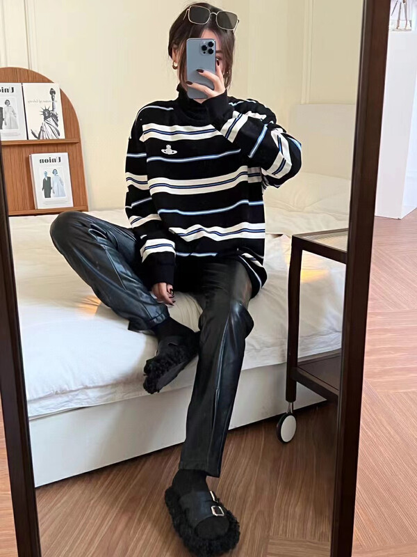 【NANCY】Nice Series Contrast Color Stripe Design Long Sleeve T-Shirt M7870# WPL