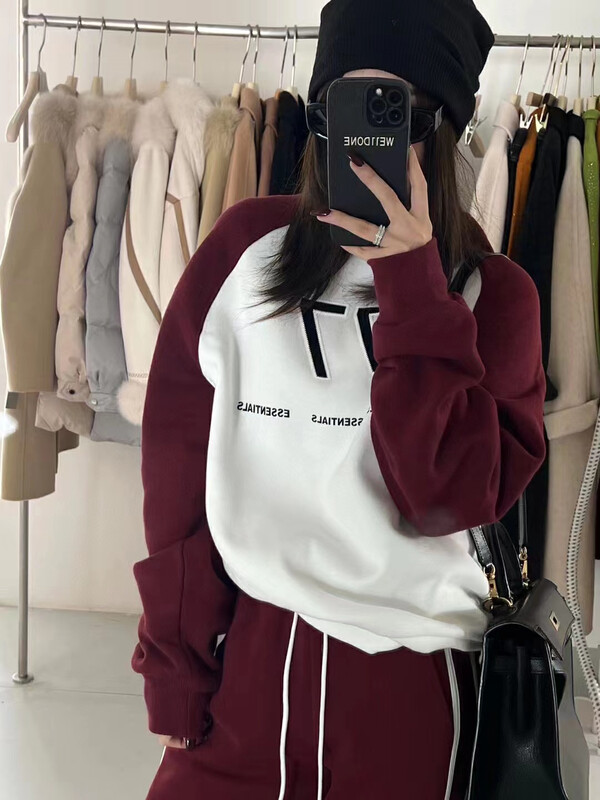 【NANCY】Colorblock Pullover Sweater + Elastic Waist Drawstring Sweatpants Set M7991# WPL