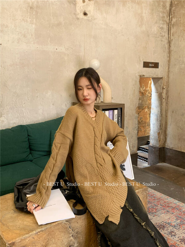 【BEST U】Lazy V-Neck Pullover Warm Sweater 992111# LSW