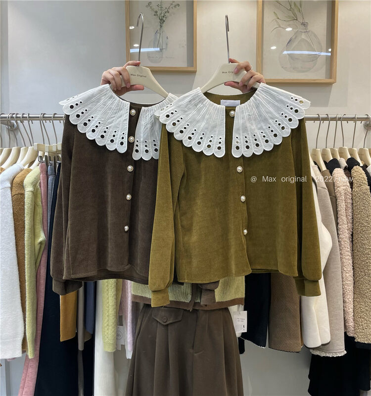 【MAX ORIGINAL】Doll Collar Contrast Color Corduroy Shirt 98997# HBX