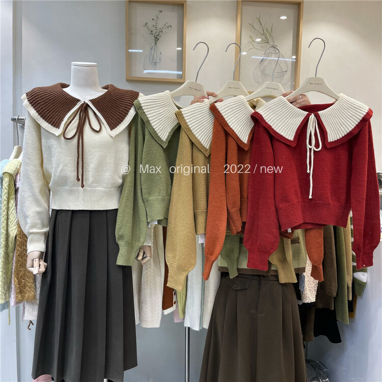 【MAX ORIGINAL】Doll Collar Contrast Color Tie Warm Sweater 98998# HBX