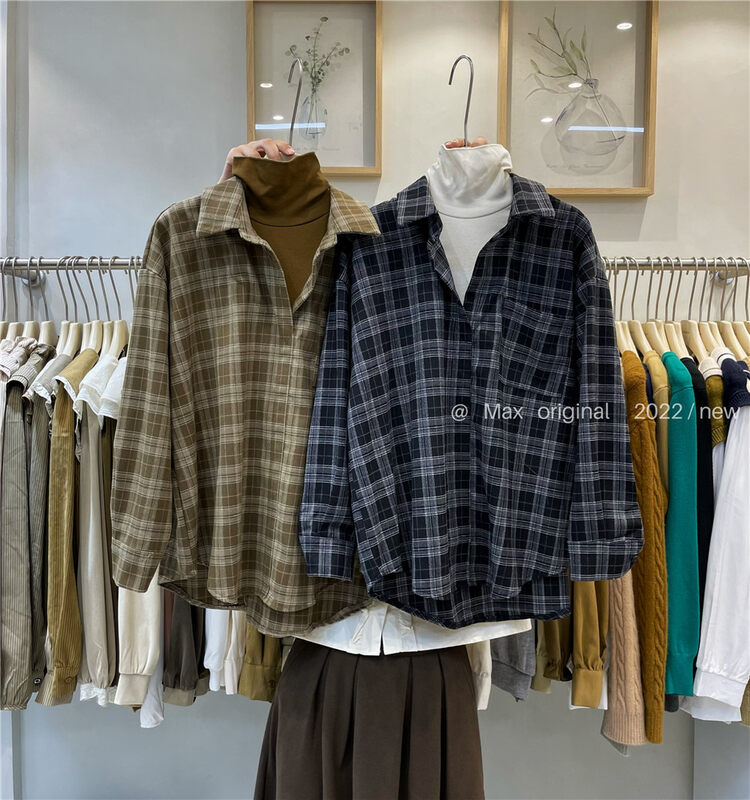 New in winter!【MAX ORIGINAL】Casual retro plaid fake two-piece shirt 98933# HBX