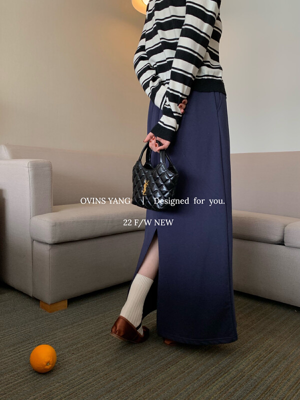 【OVINSYANG】Solid color texture slit long skirt 8930# FHX